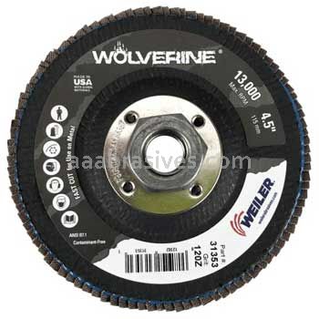 Weiler 31353 - 4-1/2" , 120Z, 5/8"-11 A.H., Vortec Pro Abrasive Flap Disc, Angled, Phenolic Backing - 012382313531