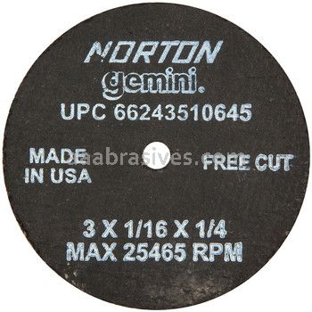 Norton 3 x 1/16 x 1/4 Gemini Free Cut D Sides Reinforced Type 01 Straight Wheels