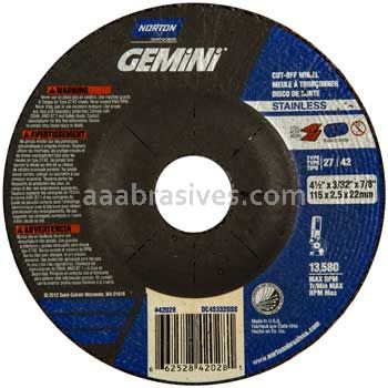 Norton Abrasives 66252842028 4-1/2 x 3/32 x 7/8 Norton Gemini Stainless Steel Mini Disc Type 27 Depressed Center Wheels