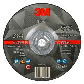 3M™ 7100244821 6x1/4x5/8-11 T27 Quick Change Silver Depressed Center Grinding Wheel 87447