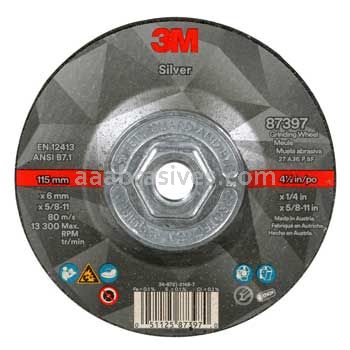 3M&trade; 7100245024 4-1/2x1/4x5/8-11 T27 Quick Change Silver Depressed Center Grinding Wheel 87397