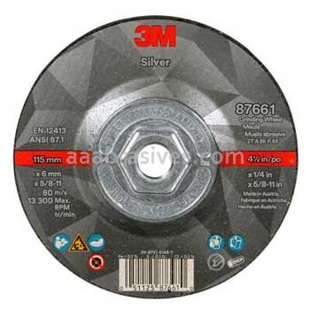 3M™ 7100256472 4-1/2x1/4x5/8-11 T27 Quick Change Silver Depressed Center Grinding Wheel 87661