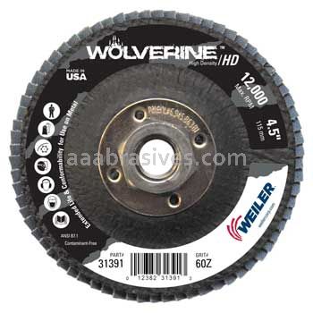 Weiler 31391 4-1/2" Wolverine High Density Flap Disc Flat Type 27 Phenolic Backing 60 Z 5/8"-11 UNC Nut