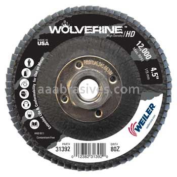 Weiler 31392 4-1/2" Wolverine High Density Flap Disc Flat Type 27 Phenolic Backing 80 Z 5/8"-11 UNC Nut
