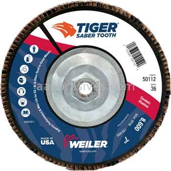 Weiler 50112 7" Tiger Ceramic Abrasive Flap Disc Conical Type 29 Phenolic Backing 36C 5/8"-11 UNC Nut