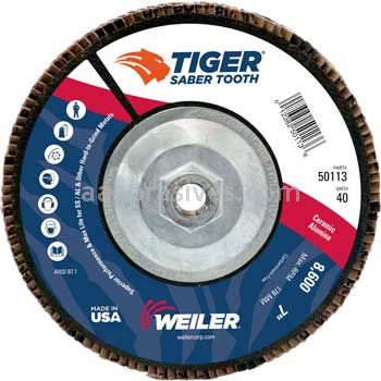 Weiler 50113 7" Tiger Ceramic Abrasive Flap Disc Conical Type 29 Phenolic Backing 40C 5/8"-11 UNC Nut