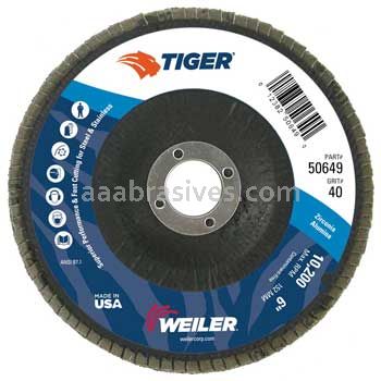 Weiler 50649 6" Tiger Disc Abrasive Flap Disc Conical Type 29 Phenolic Backing 40 Z 7/8" Arbor Hole