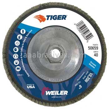 Weiler 50659 6" Tiger Disc Abrasive Flap Disc Conical Type 29 Phenolic Backing 40 Z 5/8"-11 UNC Nut