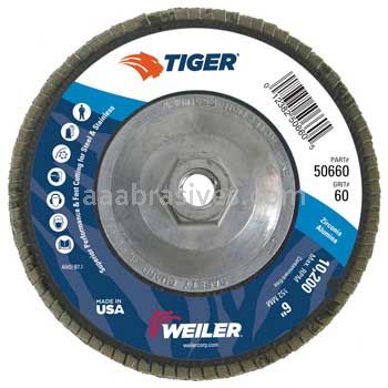 Weiler 50660 6" Tiger Disc Abrasive Flap Disc Conical Type 29 Phenolic Backing 60 Z 5/8"-11 UNC Nut