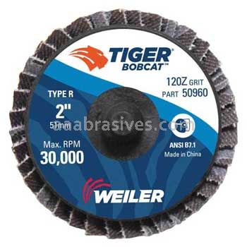 Weiler 50960 2" BobCat Mini Abrasive Flap Disc Flat Type 27 Type R Mount 120 Grit Zirconia Alumina