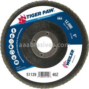 Weiler 51129 5" Tiger Paw Abrasive Flap Disc Conical Type 29 Phenolic Backing 40 Z 7/8" Arbor Hole