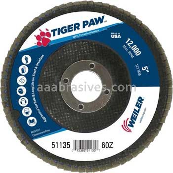 Weiler 51135 5" Tiger Paw Abrasive Flap Disc Flat Type 27 Phenolic Backing 60 Z 7/8" Arbor Hole