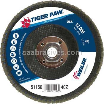 Weiler 51156 5" Tiger Paw Abrasive Flap Disc Flat Type 27 Phenolic Backing 40 Z 5/8"-11 UNC Nut