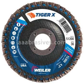 Weiler 51200 4-1/2" Tiger X Flap Disc Conical Type 29 Phenolic Backing 36 Z 7/8" Arbor Hole