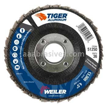 Weiler 51250 4-1/2" Tiger Aluminum Flap Disc Conical Type 29 Phenolic Backing 36 Z 7/8" Arbor Hole