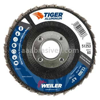 Weiler 51253 4-1/2" Tiger Aluminum Flap Disc Flat Type 27 Phenolic Backing 60 Z 7/8" Arbor Hole