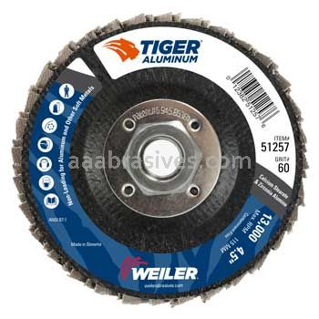 Weiler 51257 4-1/2" Tiger Aluminum Flap Disc Flat Type 27 Phenolic Backing 60 Z 5/8"-11 Arbor Hole