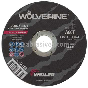 Weiler 56103 4-1/2" x 1/16" Wolverine Type 1 Cut-Off Wheel A60T 7/8" AH