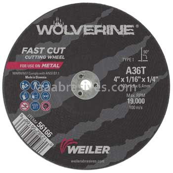 Weiler 56166 4" x 1/16" Wolverine Type 1 Cut-Off Wheel A36T 1/4" AH