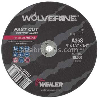 Weiler 56167 4" x 1/8" Wolverine Type 1 Cut-Off Wheel A36S 1/4" AH