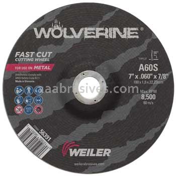 Weiler 56391 7" x .060" Wolverine Type 27 Thin Cutting Wheel A60S 7/8" AH