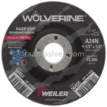 Weiler 56457 4-1/2" x 1/4" Wolverine Type 27 Grinding Wheel A24N 7/8" AH