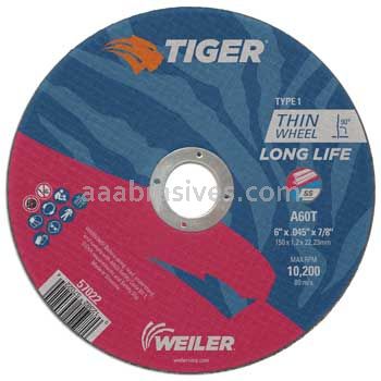 Weiler 57022 6" x .045" TIGER AO Type 1 Cut-Off Wheel A60T 7/8" AH