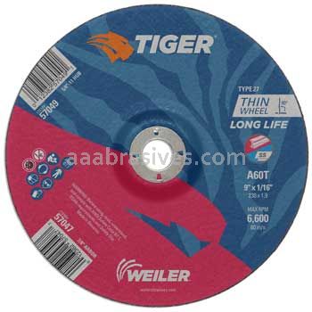 Weiler 57047 9" x 1/16" TIGER AO Type 27 Cutting Wheel A60T 7/8" AH