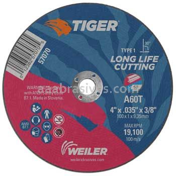 Weiler 57070 4" x .035" TIGER AO Type 1 Cut-Off Wheel A60T 3/8" AH