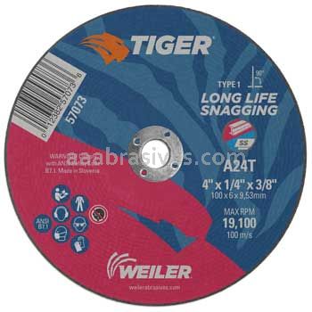 Weiler 57073 4" x 1/4" TIGER AO Type 1 Snagging Wheel A24T 3/8" AH