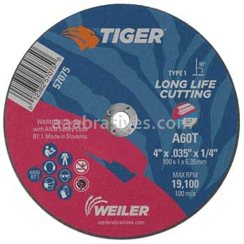Weiler 57075 4" x .035" TIGER AO Type 1 Cut-Off Wheel A60T 1/4" AH