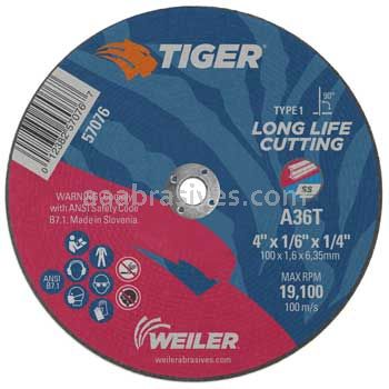 Weiler 57076 4" x 1/16" TIGER AO Type 1 Cut-Off Wheel A36T 1/4" AH
