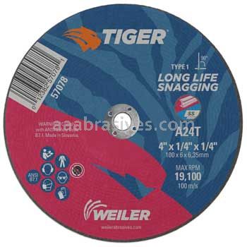 Weiler 57078 4" x 1/4" TIGER AO Type 1 Snagging Wheel A24T 1/4" AH