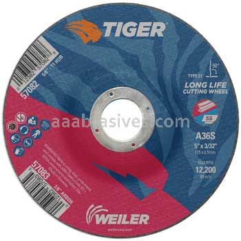 Weiler 57083 5" x 3/32" TIGER AO Type 27 Cutting Wheel A60T 7/8" AH