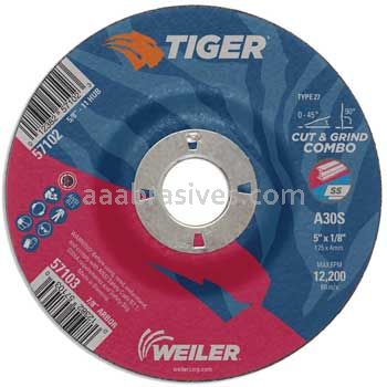 Weiler 57103 5" x 1/8" TIGER AO Type 27 Cut/Grind Combo Wheel A30S 7/8" AH