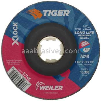Weiler 57145 4-1/2" x 1/4" TIGER AO Type 27 Grinding Wheel A24R X-LOCK Arbor Hole
