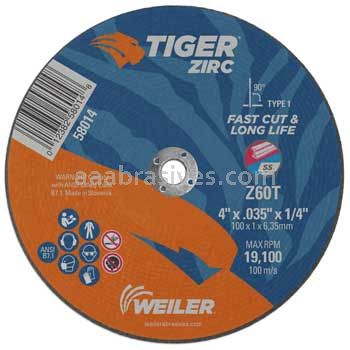 Weiler 58014 4" x .035" Tiger Zirc Type 1 Cut-Off Wheel Z60T 1/4" AH