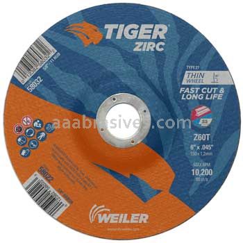 Weiler 58022 6" x .045" TIGER ZIRC Type 27 Cutting Wheel Z60T 7/8" AH
