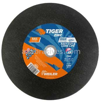 Weiler 58028 14" x 1/8"" TIGER ZIRC RAIL Type 1 Large Cutting Wheel Z24U 1" AH High Speed Saw
