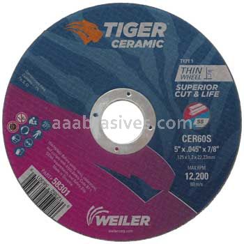 Weiler 58301 5" x .045" TIGER CERAMIC Type 1 Cut-Off Wheel CER60S 7/8 AH