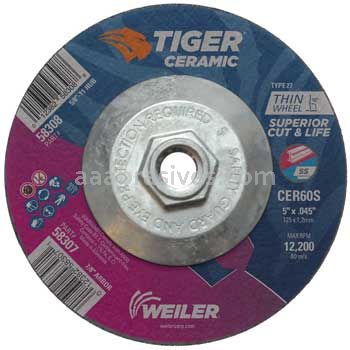 Weiler 58308 5" x .045" TIGER CERAMIC Type 27 Cutting Wheel CER60S 5/8-11 Nut