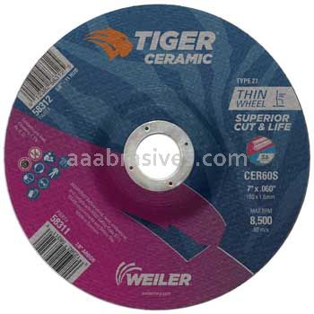 Weiler 58311 7" x .060" TIGER CERAMIC Type 27 Cutting Wheel CER60S 7/8 AH