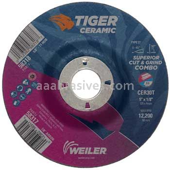 Weiler 58317 5 x 1/8 TIGER CERAMIC Type 27 Cut/Grind Combo Wheel CER30T 7/8 AH