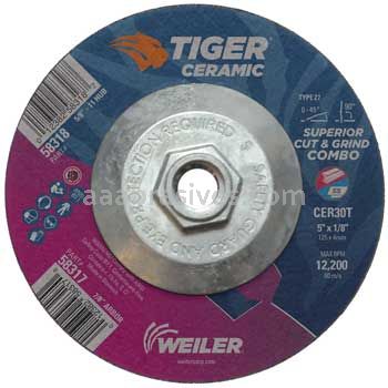 Weiler 58318 5 x 1/8 TIGER CERAMIC Type 27 Cut/Grind Combo Wheel CER30T 5/8-11 Nut