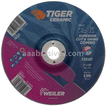 Weiler 58321 7 x 1/8 TIGER CERAMIC Type 27 Cut/Grind Combo Wheel CER30T 7/8 AH