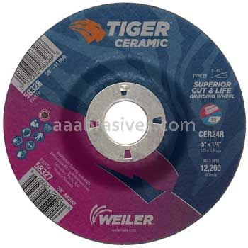 Weiler 58327 5" x 1/4" TIGER CERAMIC Type 27 Grinding Wheel CER24R 7/8 AH