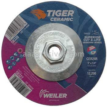 Weiler 58328 5" x 1/4" TIGER CERAMIC Type 27 Grinding Wheel CER24R 5/8-11 Nut
