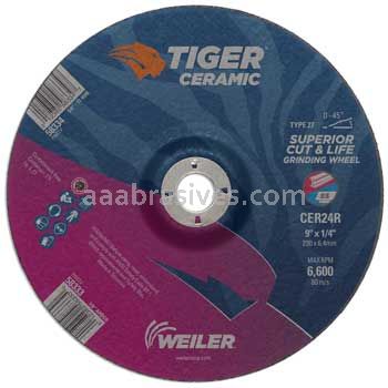 Weiler 58333 9" x 1/4" TIGER CERAMIC Type 27 Grinding Wheel CER24R 7/8 AH