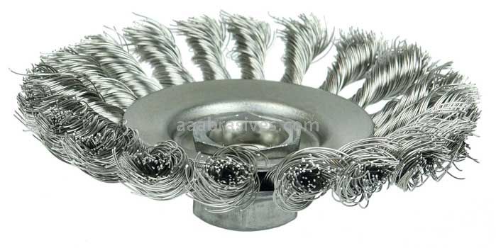 Weiler 13486 Knot Wire Bevel Brush 4-1/2" .020" Stainless Steel Fill 5/8"-11 UNC Nut