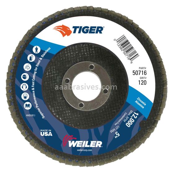 Weiler 50716 - 5" 120Z, 7/8" A.H., Tiger Disc Abrasive Flap Disc, Flat - 012382507169